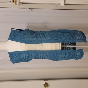Vtg Blue Open Knit Dress Vest Cardigan Sweater Long Line Sz M Fleurette